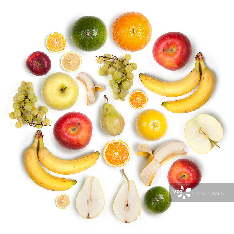 健康水果圆形排列，白色底色:苹果、香蕉、柠檬图片素材