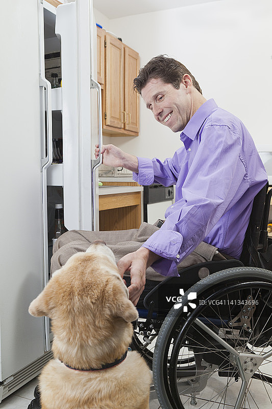 一个坐在轮椅上脊髓受伤的人打开冰箱，抚摸着他的服务犬图片素材