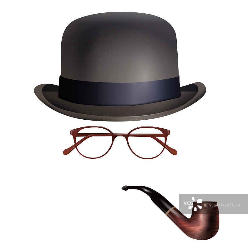白色背景下的帽子、眼镜和烟斗图片素材