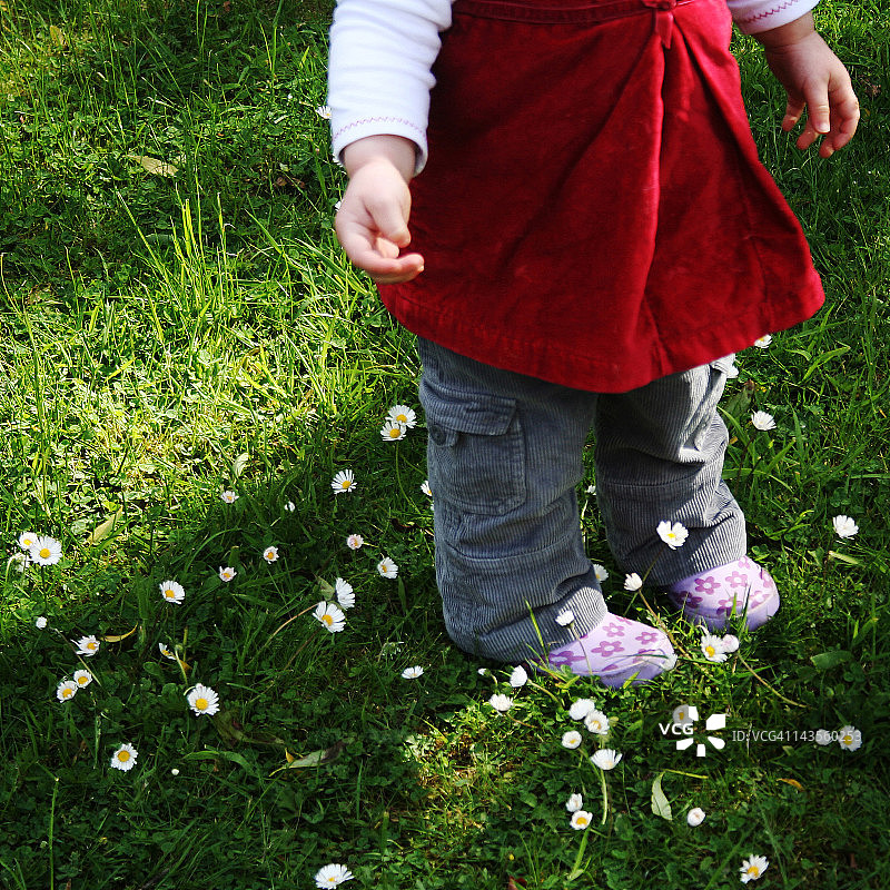 身着红色束腰外衣的女孩站在雏菊丛中图片素材