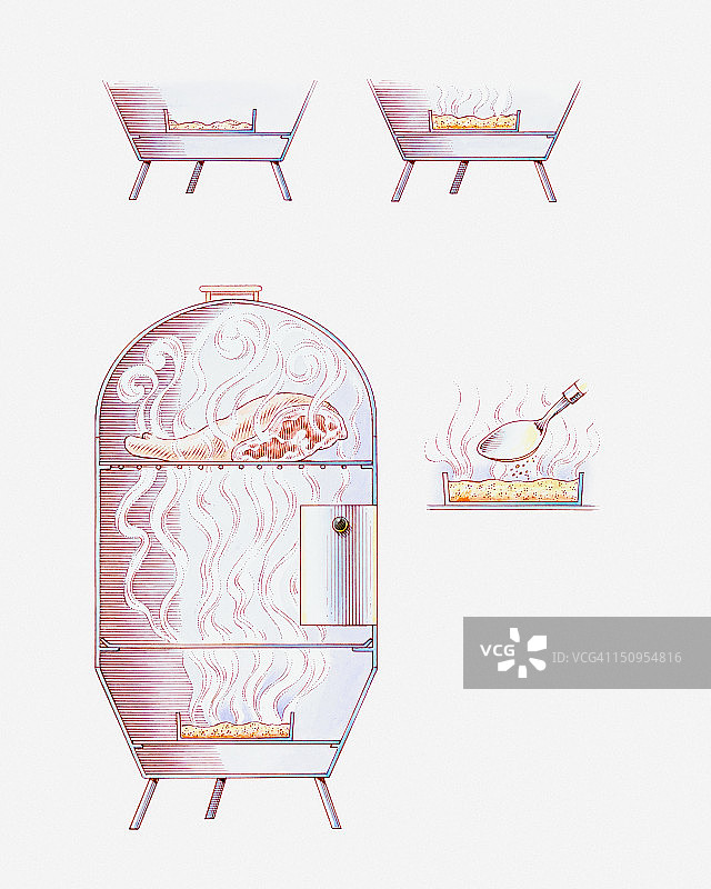 横断面图显示了在金属烟烤炉中熏制肉类的过程图片素材