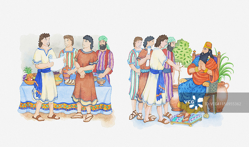 圣经场景的插图，但以理2，但以理和尼布甲尼撒，但以理解释王的梦图片素材