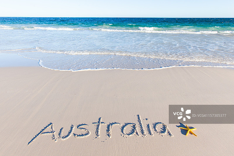澳大利亚写在沙滩上。澳大利亚。图片素材