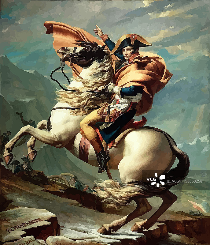 拿破仑·波拿巴骑在马上的数字还原矢量画。图片素材