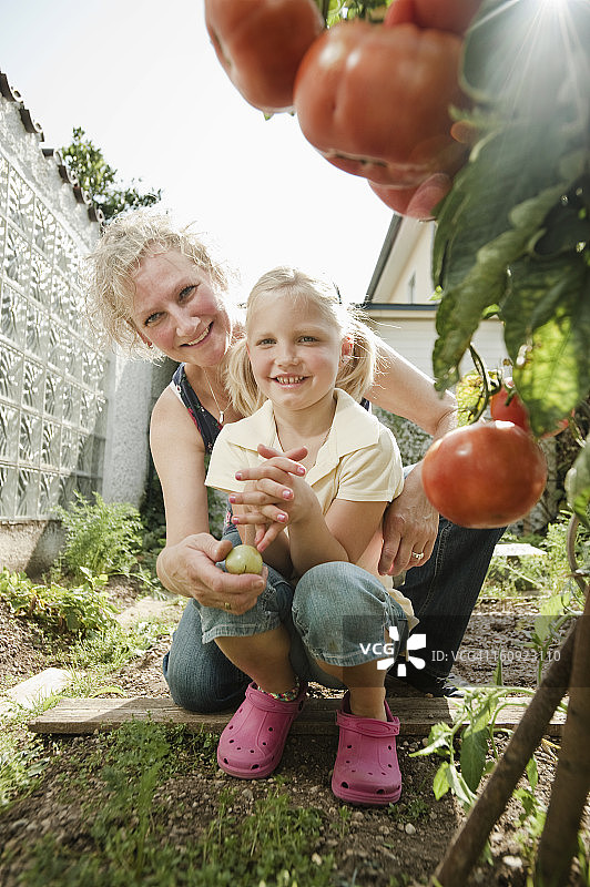 德国，巴伐利亚，祖母和孙女在菜园里工作图片素材
