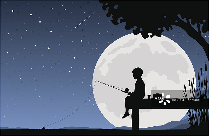 孩子在月光下钓鱼图片素材