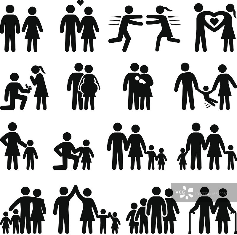 爱和家庭生活黑白图标集图片素材
