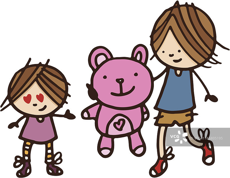 男孩给他妹妹一个粉红色的泰迪熊图片素材