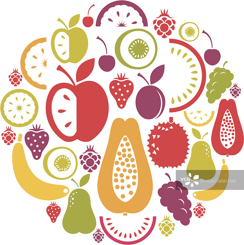 一个多颜色的水果图标设置在白色的背景图片素材