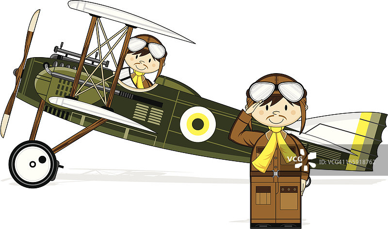 二战式军用双翼飞机和飞行员图片素材