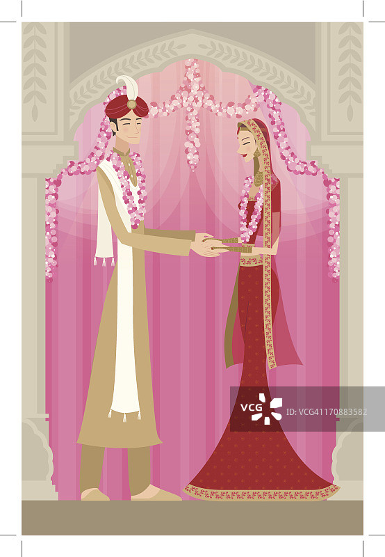 印度新娘和新郎在婚礼上穿着传统服装图片素材