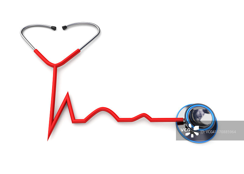 红色听诊器，呈心跳状，导管位于白色背景上图片素材