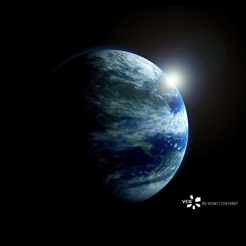从太空与月球发光背后的地球的3D视图图片素材