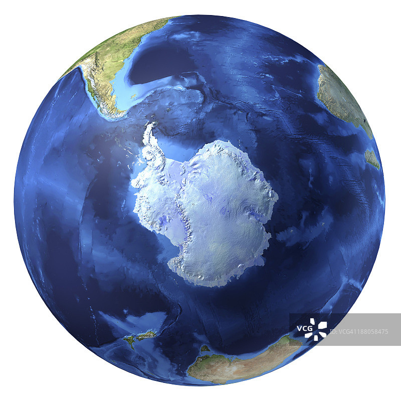 3D渲染的行星地球与云，中心在南极。图片素材
