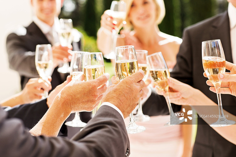 客人和夫妇在接待处举杯互敬香槟图片素材