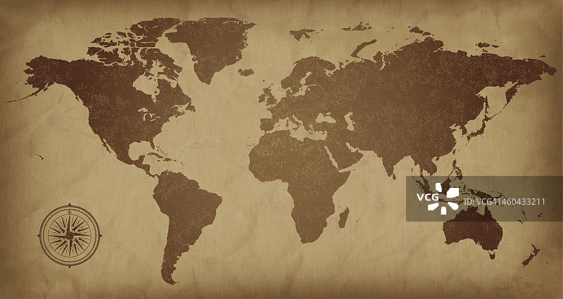 一张深褐色的复古世界地图，上面有指南针的细节图片素材