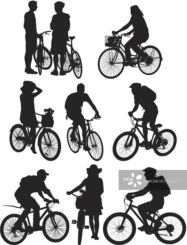 骑自行车的人的多个剪影图片素材