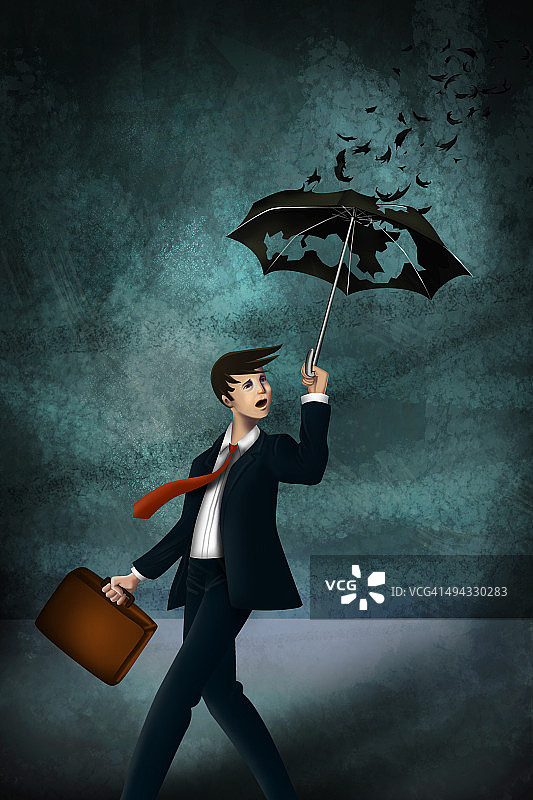 这是一个图解，年轻的商人在暴风雨中拿着一把破旧的雨伞，代表着保险不足图片素材