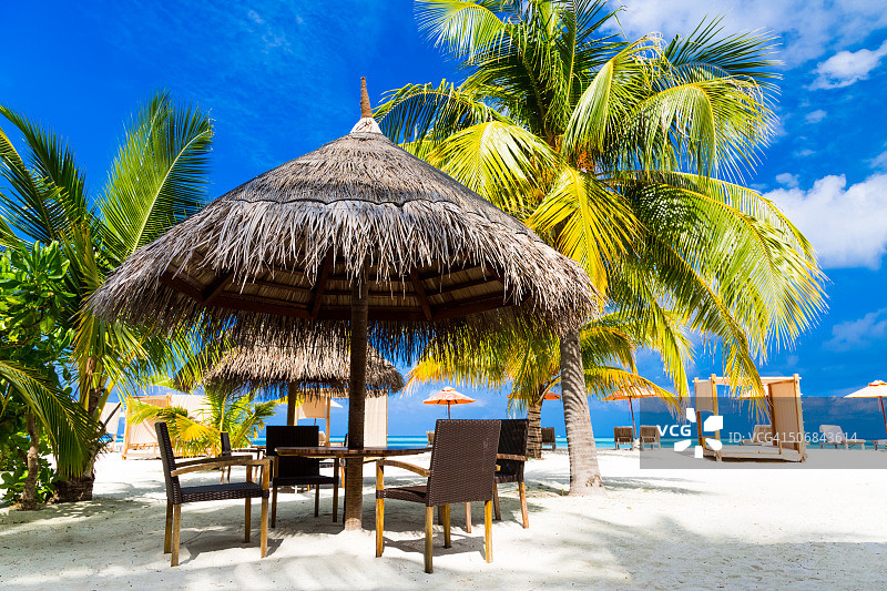 美丽的马尔代夫海滩，棕榈树和休息区图片素材