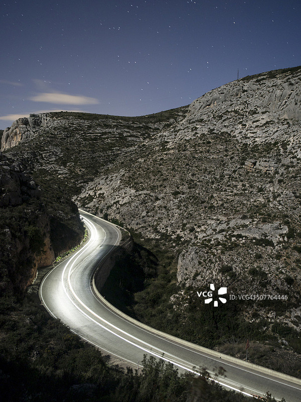车灯在山沟之间的道路上循环，直到黄昏图片素材