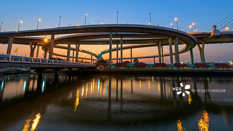 黄昏时分，泰国曼谷，普密蓬大桥的倒影。图片素材