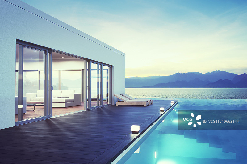 现代豪华别墅与游泳池在黎明图片素材