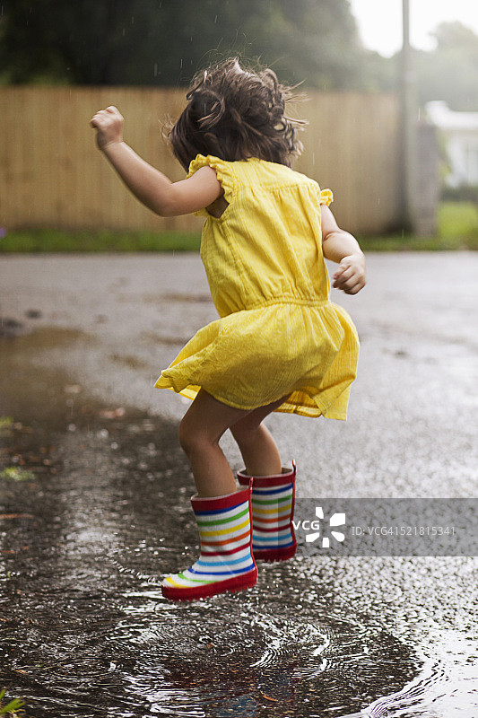 女孩穿着橡胶靴子在雨水坑里跳图片素材