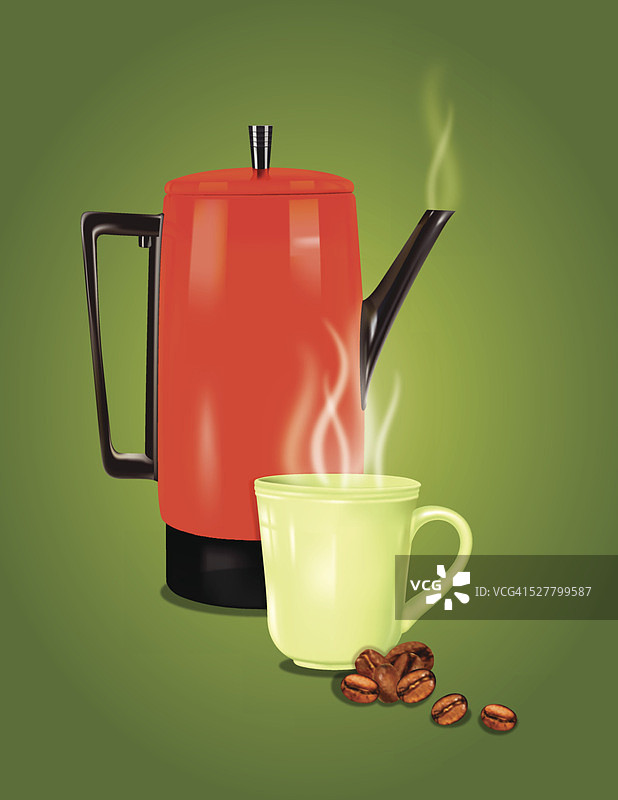 红色复古咖啡壶和绿色杯子图片素材
