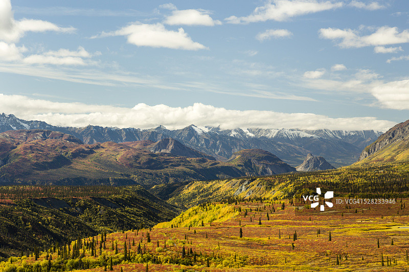 在阿拉斯加中南部的马塔努斯卡山谷的狮子头和楚加奇山脉的秋天颜色的山峰苔原的风景。图片素材