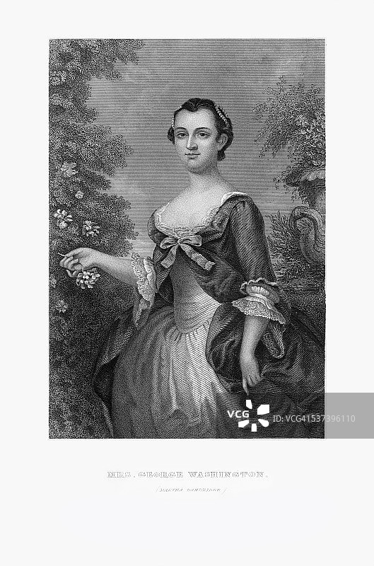 乔治·华盛顿夫人的雕刻肖像，玛莎·丹德里奇，大约1780年图片素材