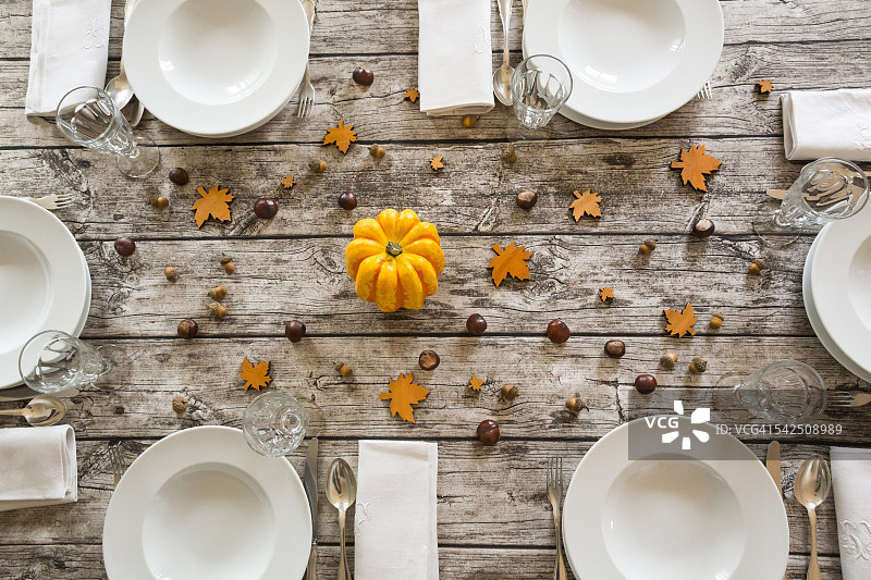 秋天的餐桌上摆满了黄色的南瓜、栗子和橡子图片素材