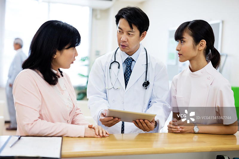 医生手持平板电脑，与护士和妇女站在一起图片素材