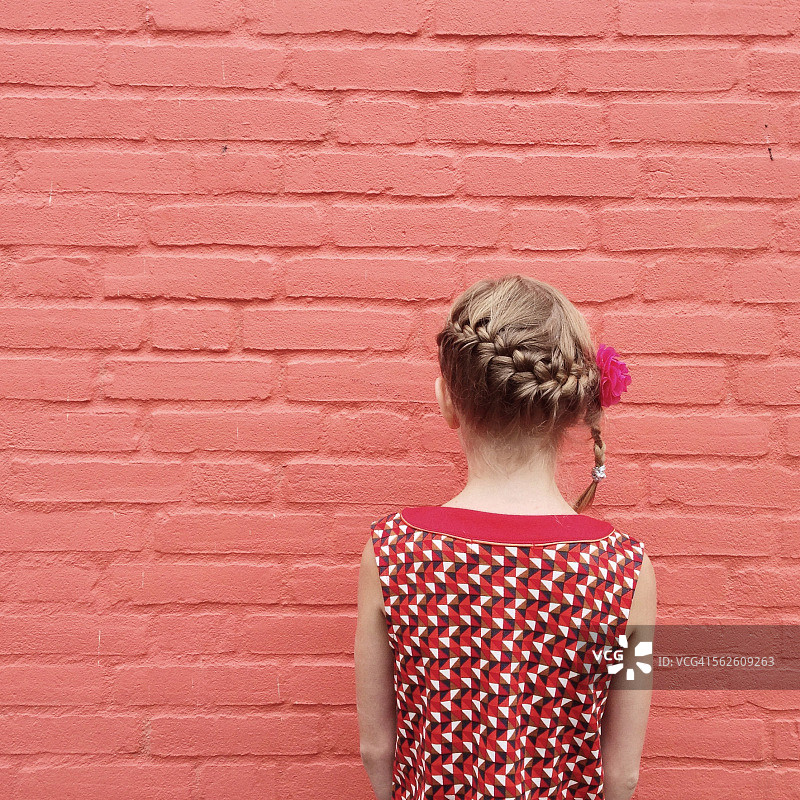 后视图的一个女孩与一个辫子和一朵花在她的头发图片素材