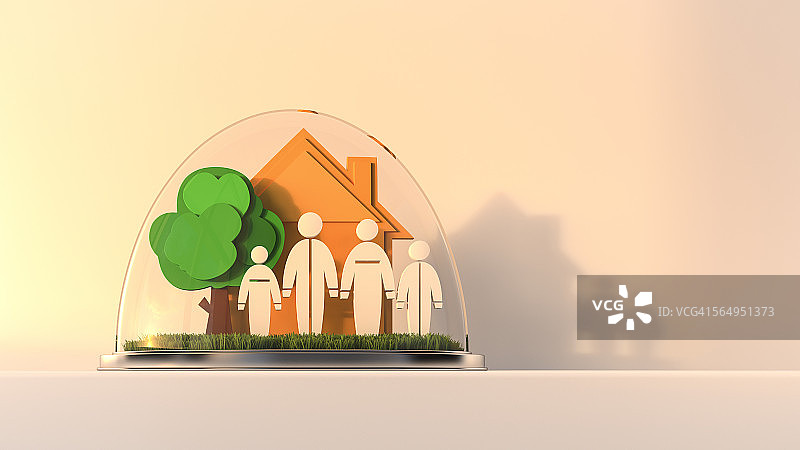 玻璃穹顶下的房子和家庭，3d渲染图片素材