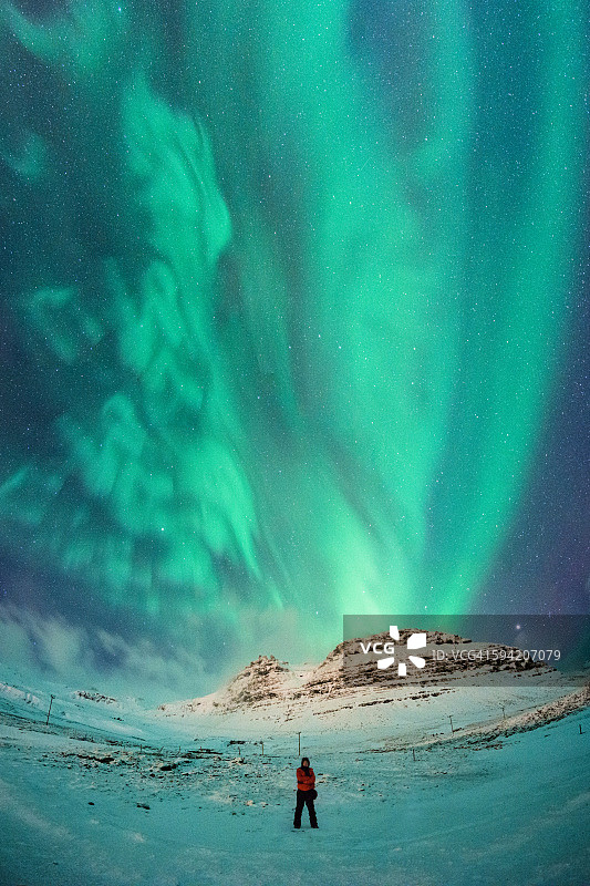 男子站在冰岛的北极光中图片素材