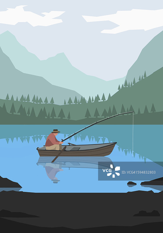 在湖上靠山钓鱼的插图图片素材
