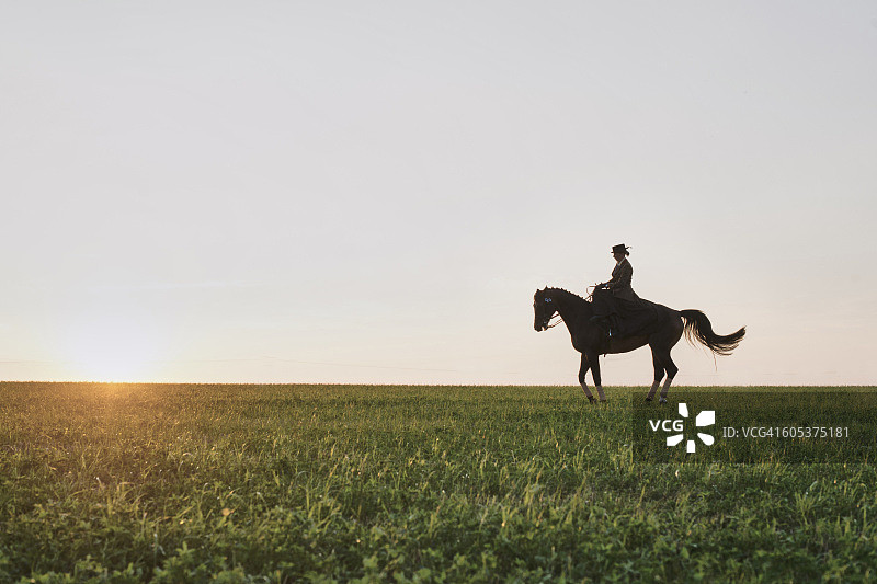 剪影盛装舞步马和骑手训练在田野在日落图片素材
