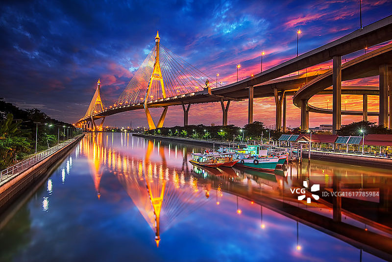 曼谷——泰国普密蓬大桥美丽的日落景观图片素材