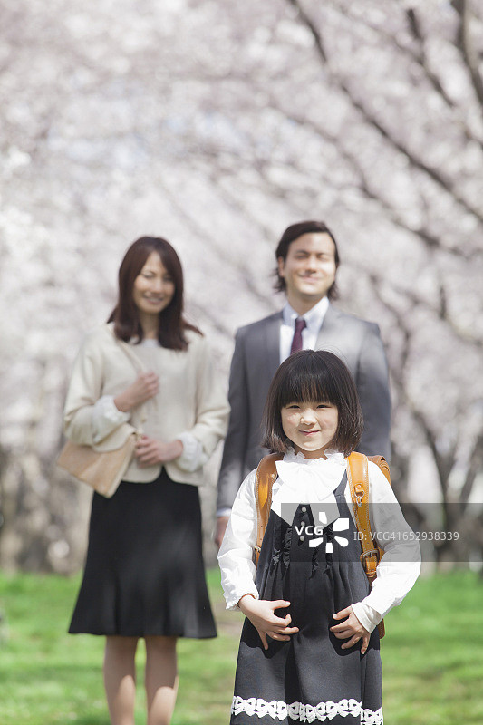 一个日本家庭站在一排樱花树前图片素材