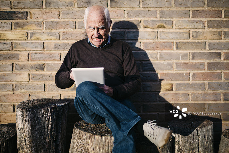 老人坐在树桩上用石板图片素材