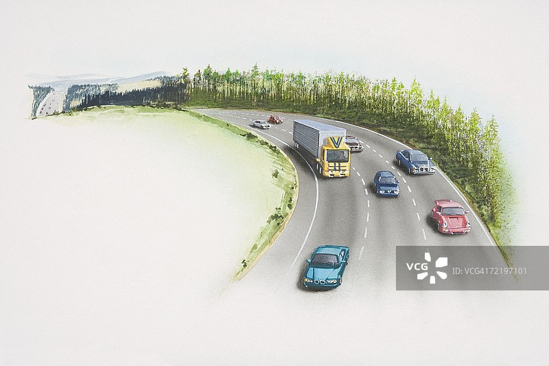 汽车和卡车在穿越乡村的三车道高速公路上行驶。图片素材
