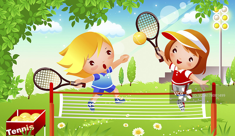 男孩和一个女孩在打网球图片素材