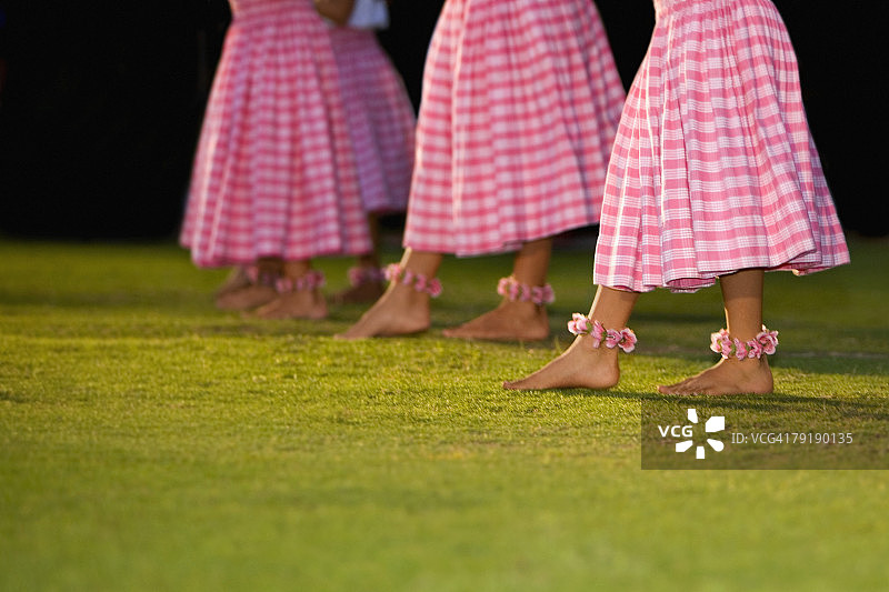 四个女人在草坪上跳草裙舞的低截面视图图片素材