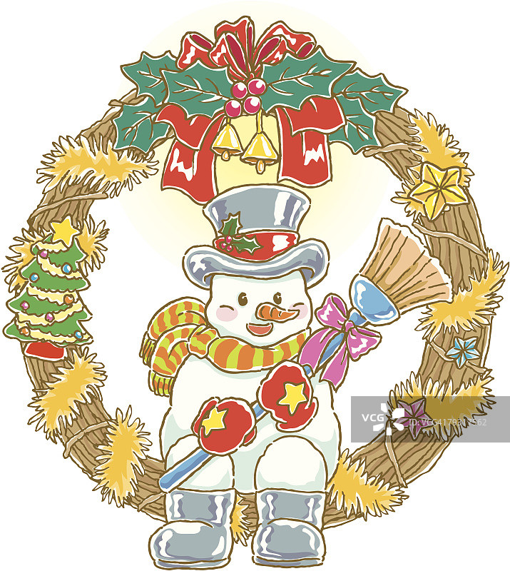 雪人坐在圣诞花环上，插图图片素材