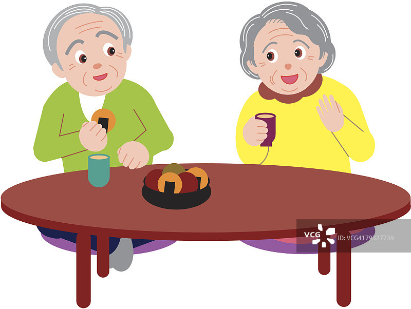 老爷子和老婆子一边聊天一边吃米饼，正面观图片素材