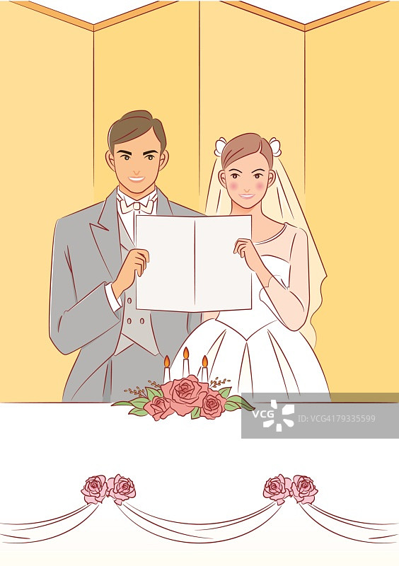 新婚夫妇站在屏风前，手持一张纸，正面观看图片素材