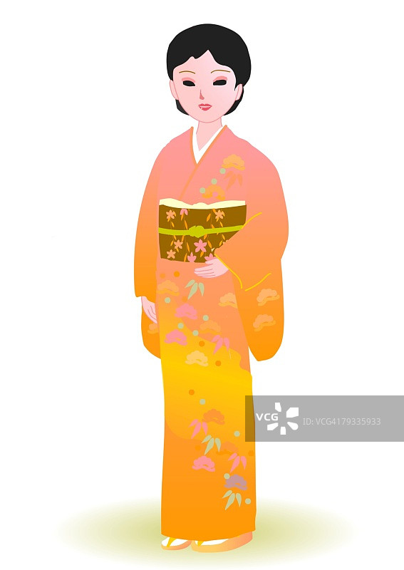 女人站在和微笑在日本风格的服装，正面的观点，日本图片素材