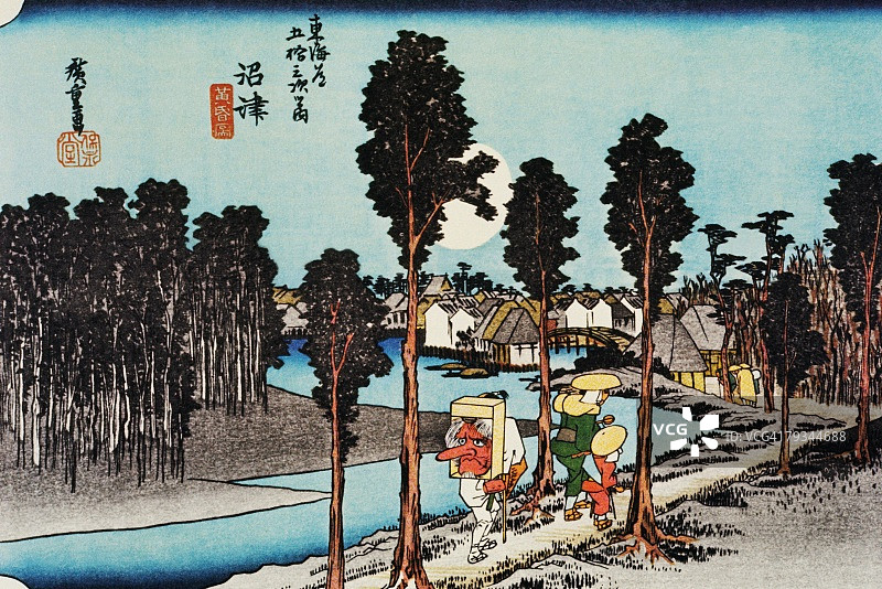 江户时期沼津风光、绘画、木刻、日本木版、后视图图片素材