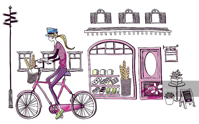 面包店外骑自行车的女人图片素材