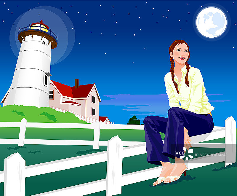 一个女人坐在篱笆上，背景是灯塔图片素材